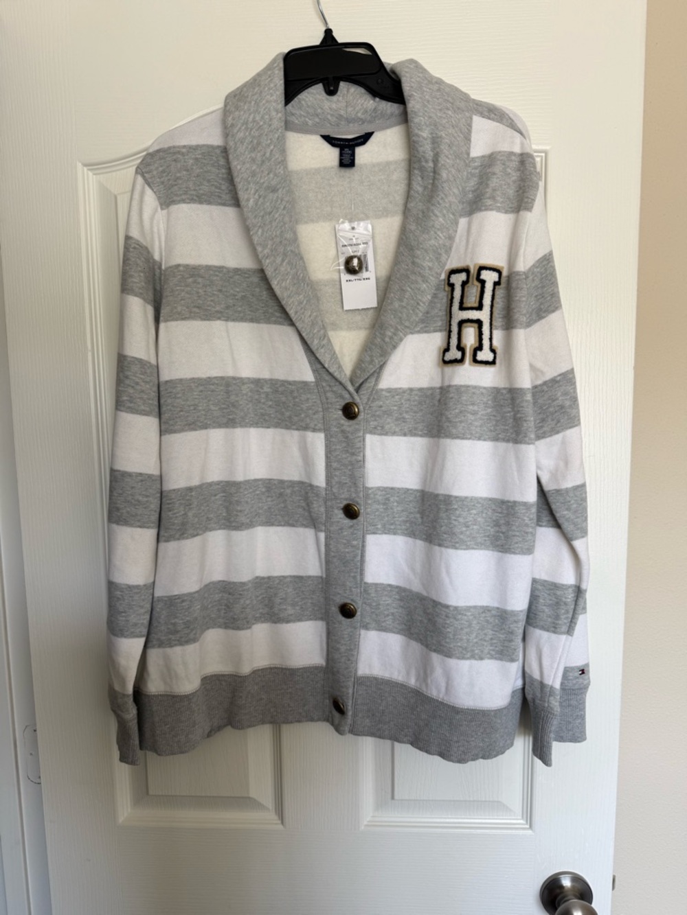 Tommy Hilfiger Gray and White Striped Shawl Collar Cardigan